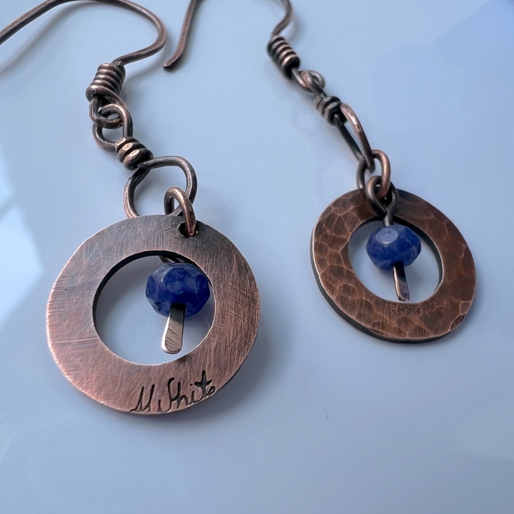 Artisan Hammered Copper Dangle Earrings with Jade Accent Beads - Picture 7 of 12